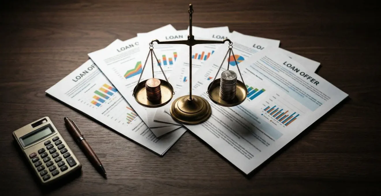 Documents bancaires comparant différentes offres de crédit posés sur bureau avec calculatrice