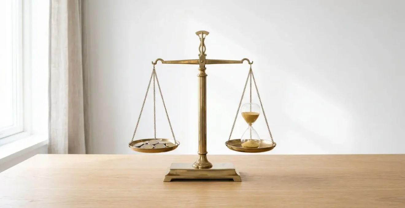 Balance symbolique comparant différents placements court terme avec pièces et sablier
