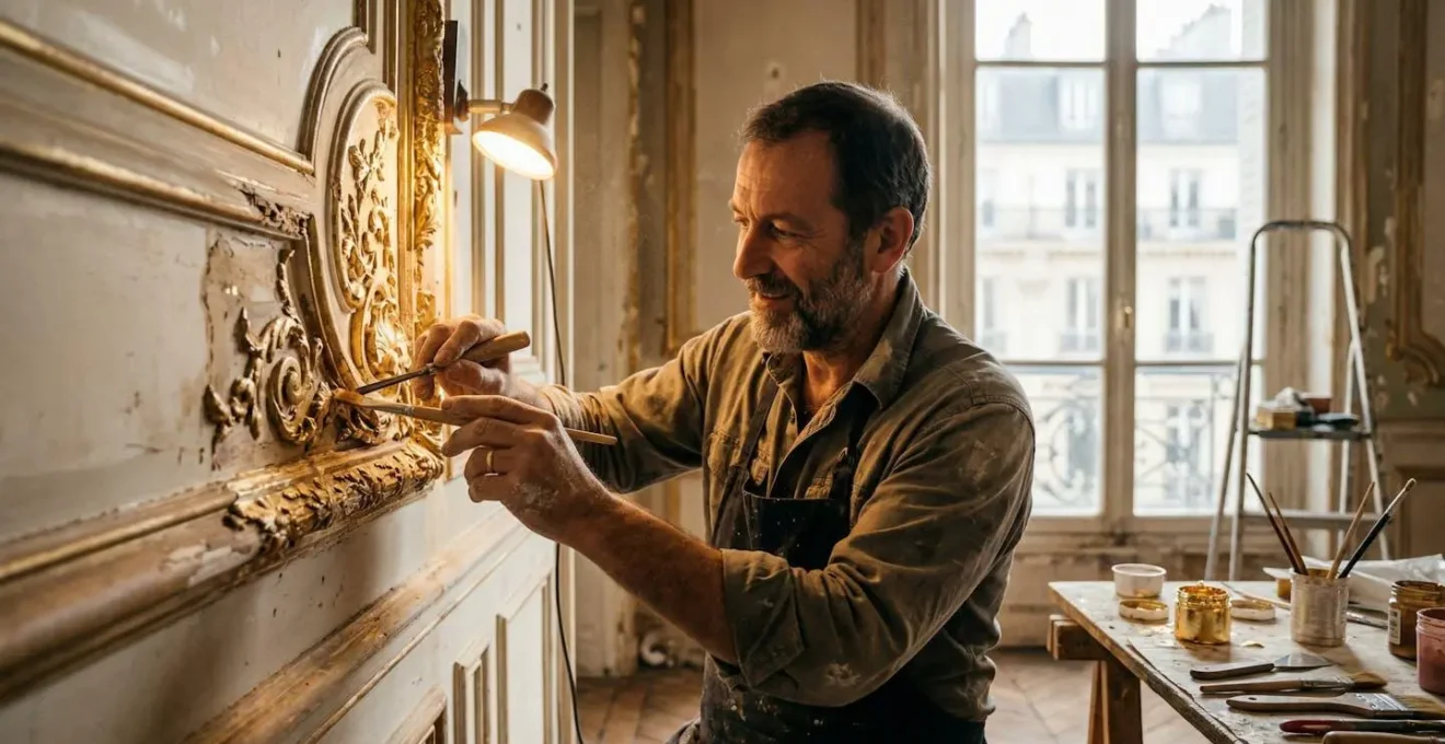 Chantier de rénovation intérieure avec artisans et matériaux de construction