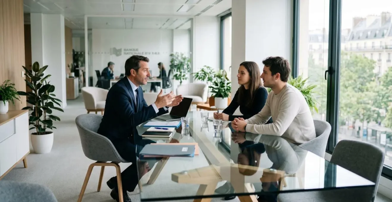 Conseiller financier présentant des options de prêt à un couple dans un bureau moderne