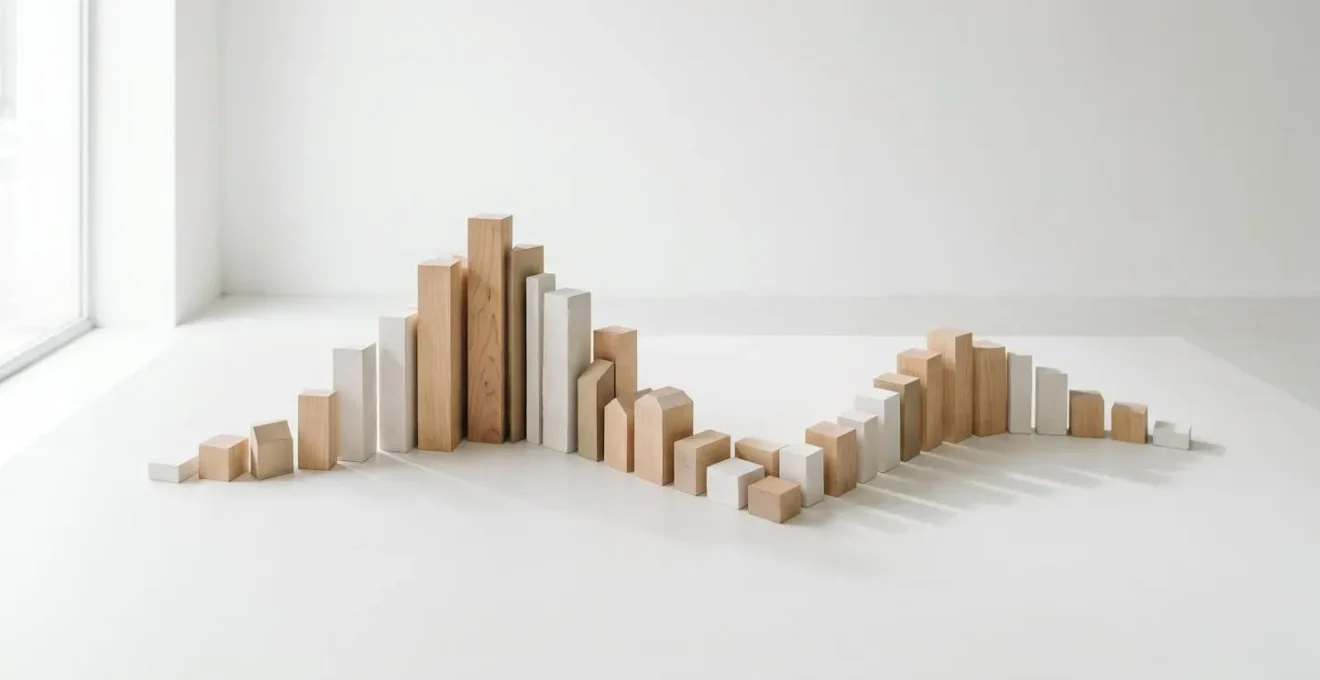 Graphique abstrait montrant l'évolution cyclique du marché immobilier avec courbes ascendantes et descendantes