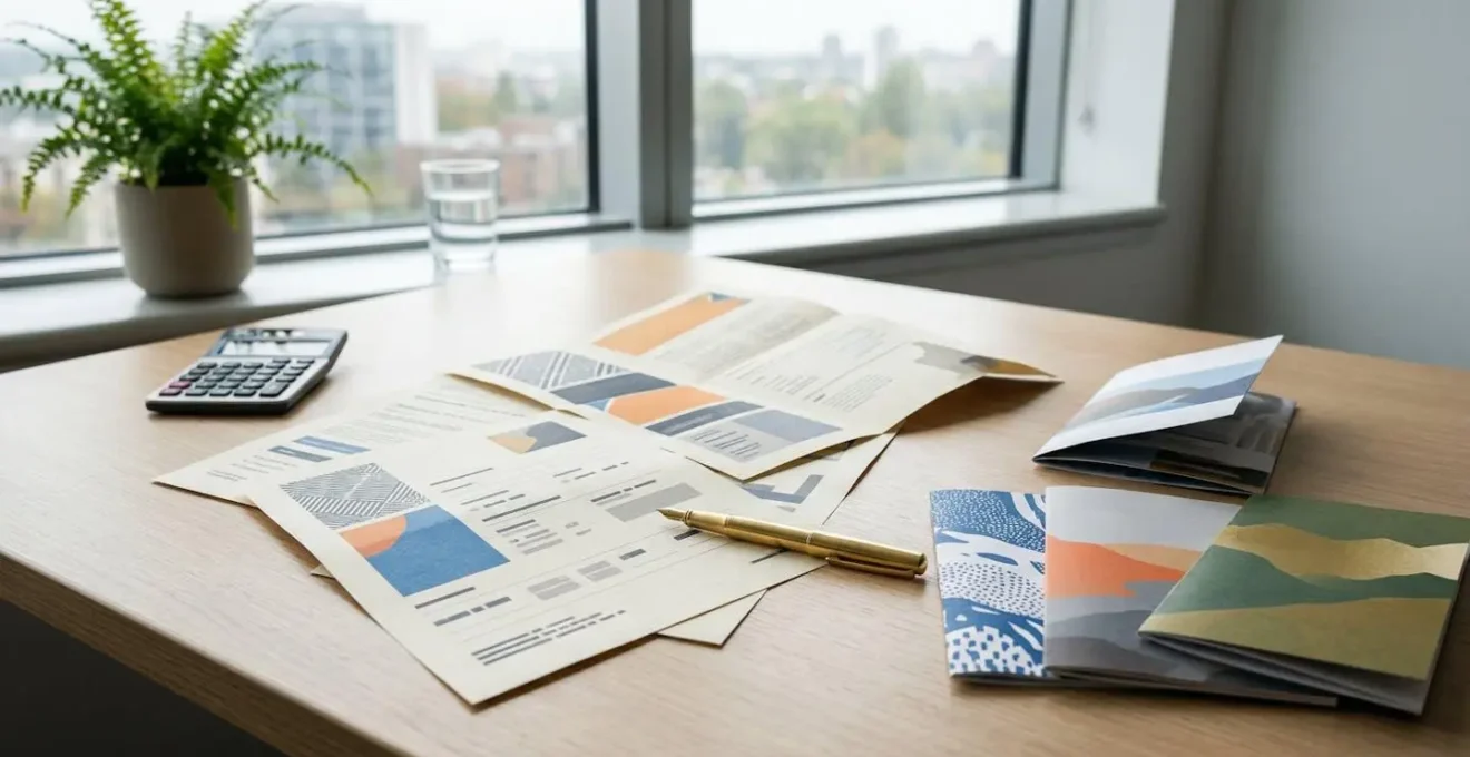 Documents d'assurance voyage étalés sur un bureau avec calculatrice et stylo, montrant des factures et justificatifs