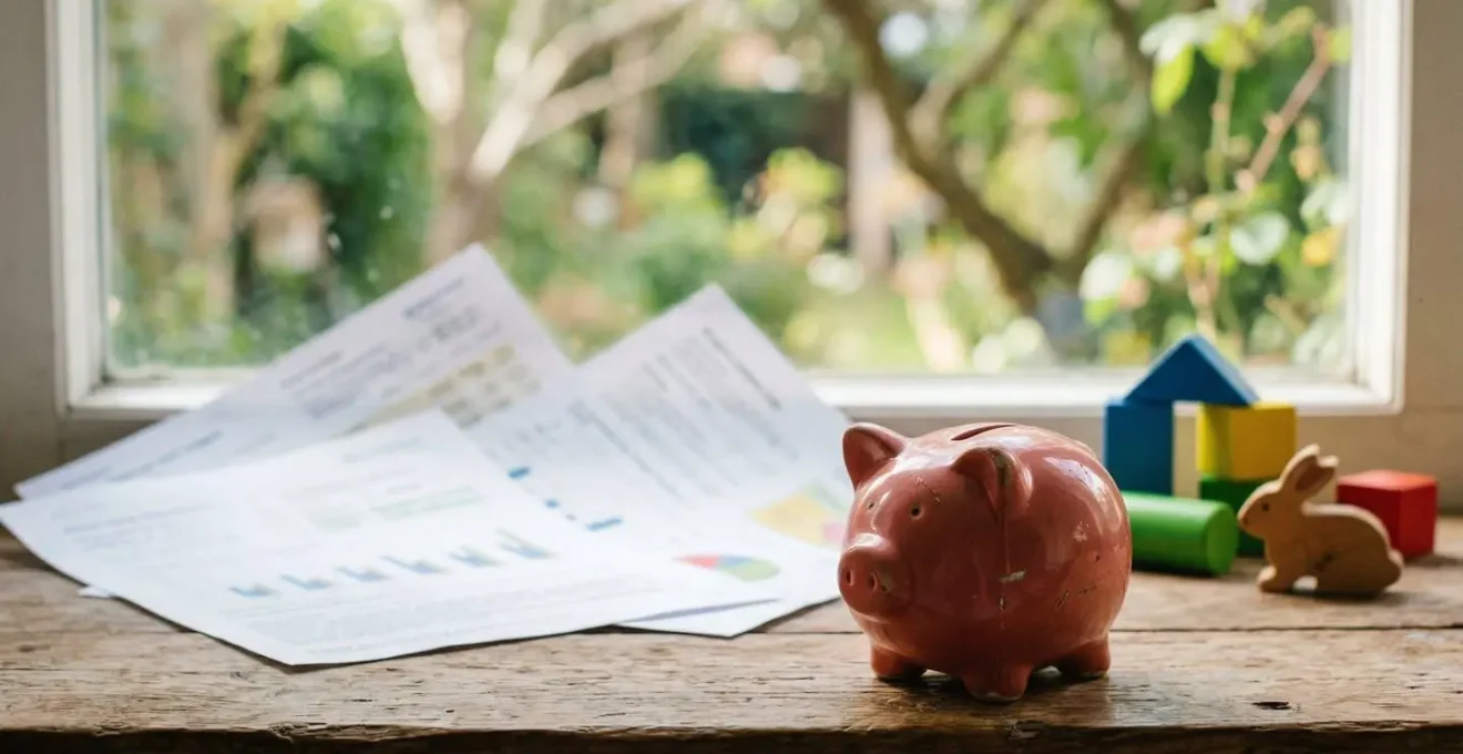 Tirelire cochon rose à côté de documents bancaires flous et jouets d'enfant sur bureau familial lumineux