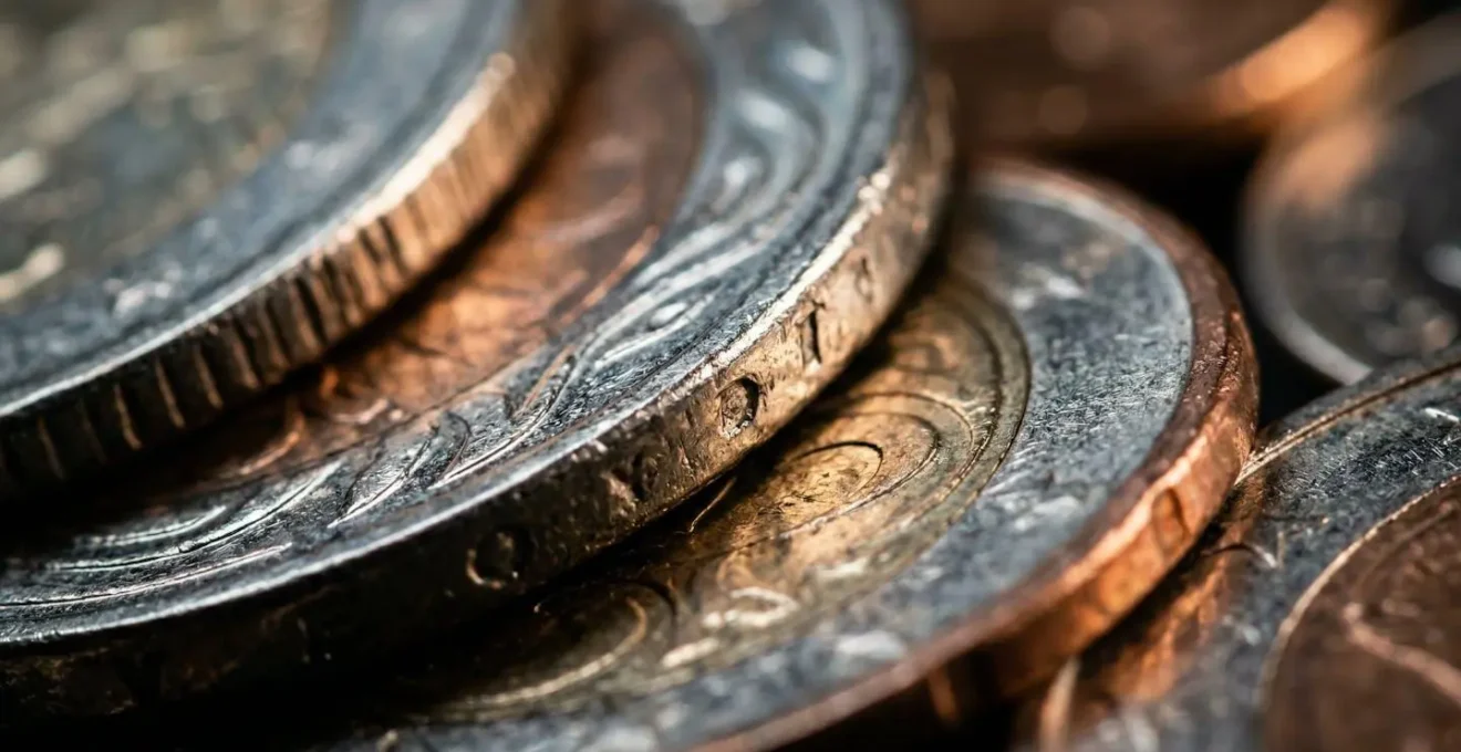 Détail macro de pièces de monnaie européennes avec texture et reflets