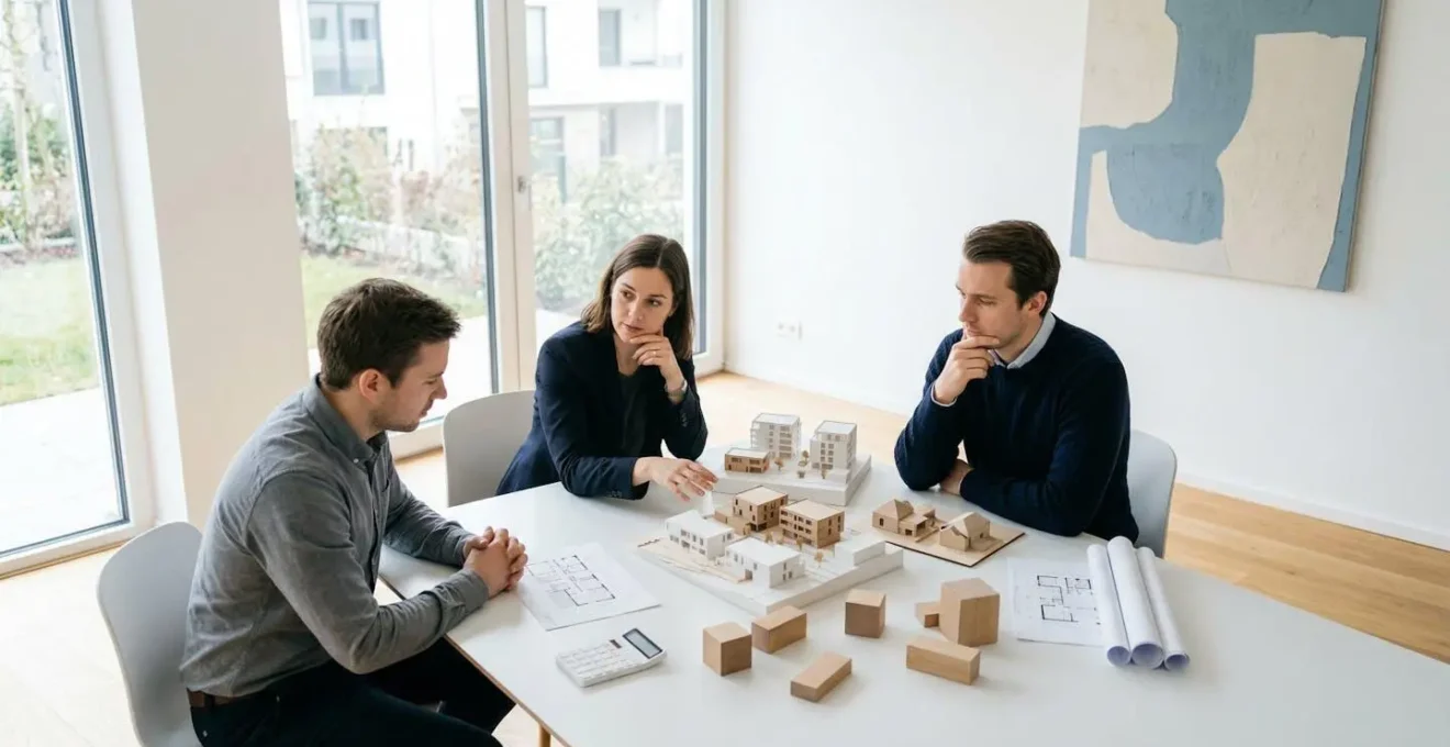 Des héritiers examinent des maquettes de biens immobiliers sur une table avec calculatrice
