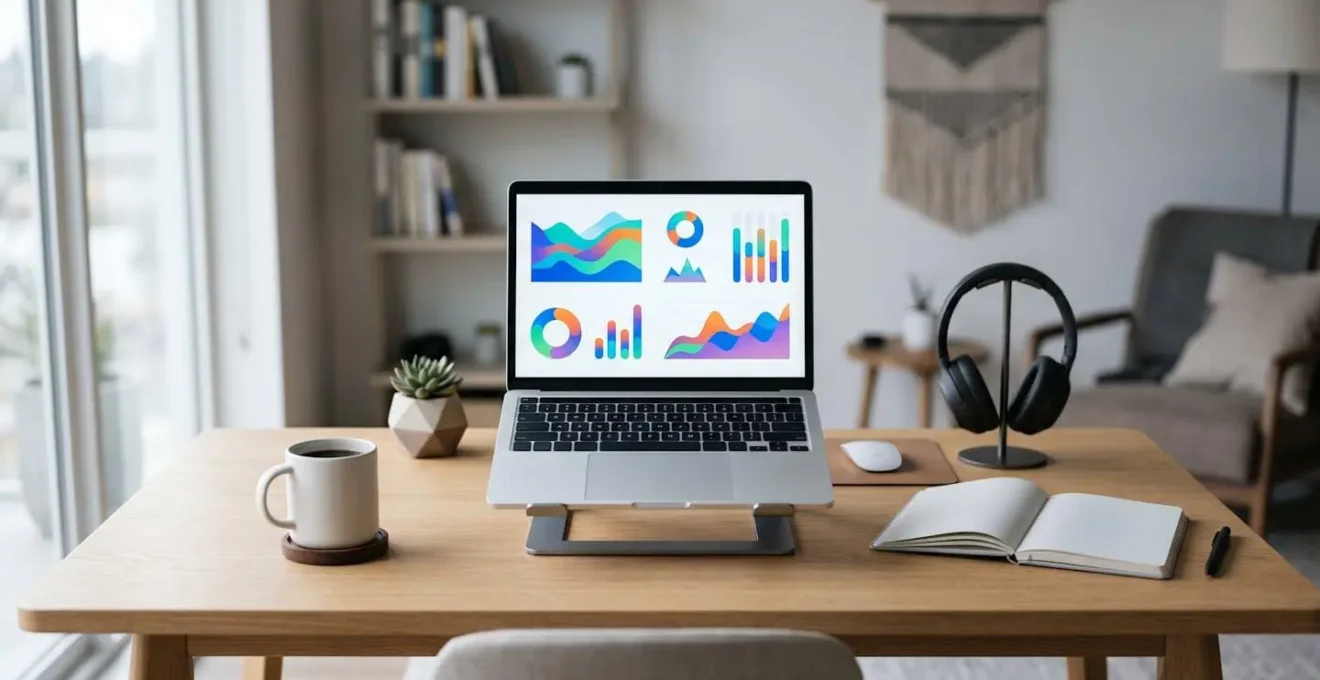 Bureau moderne avec ordinateur portable montrant des graphiques financiers, vue latérale éloignée