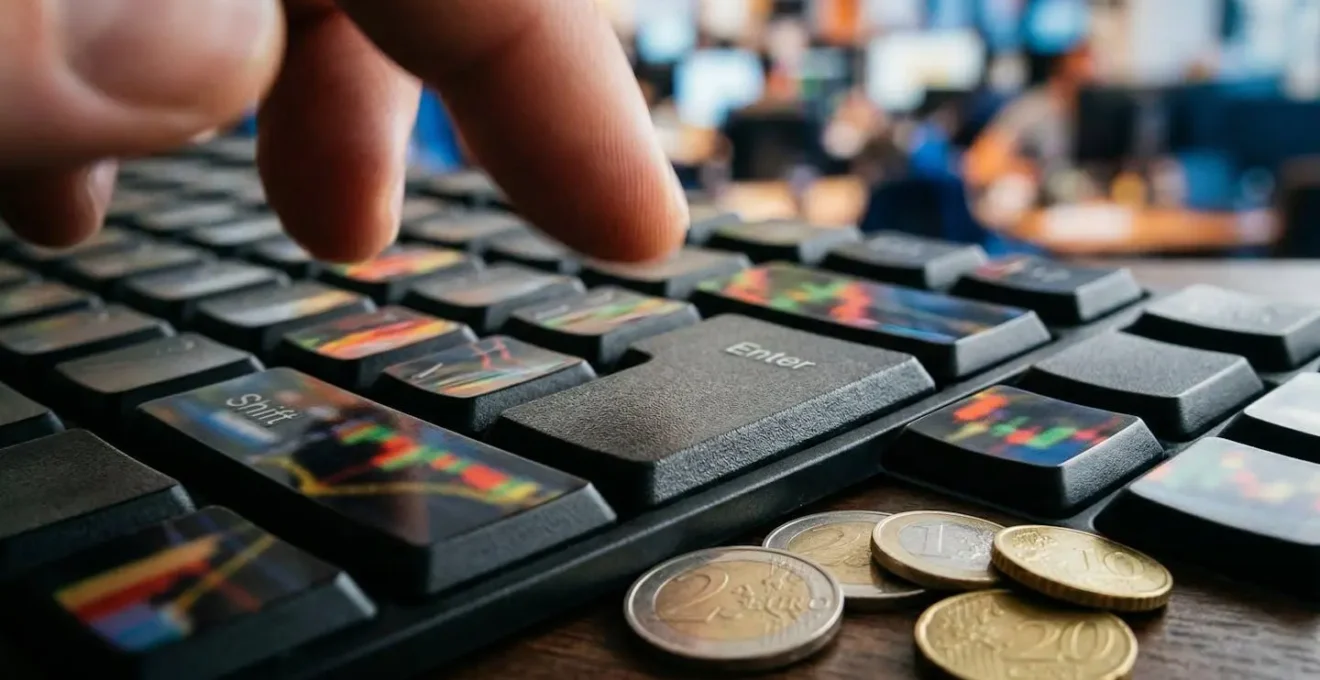Espace de trading moderne avec ordinateur montrant des graphiques financiers abstraits