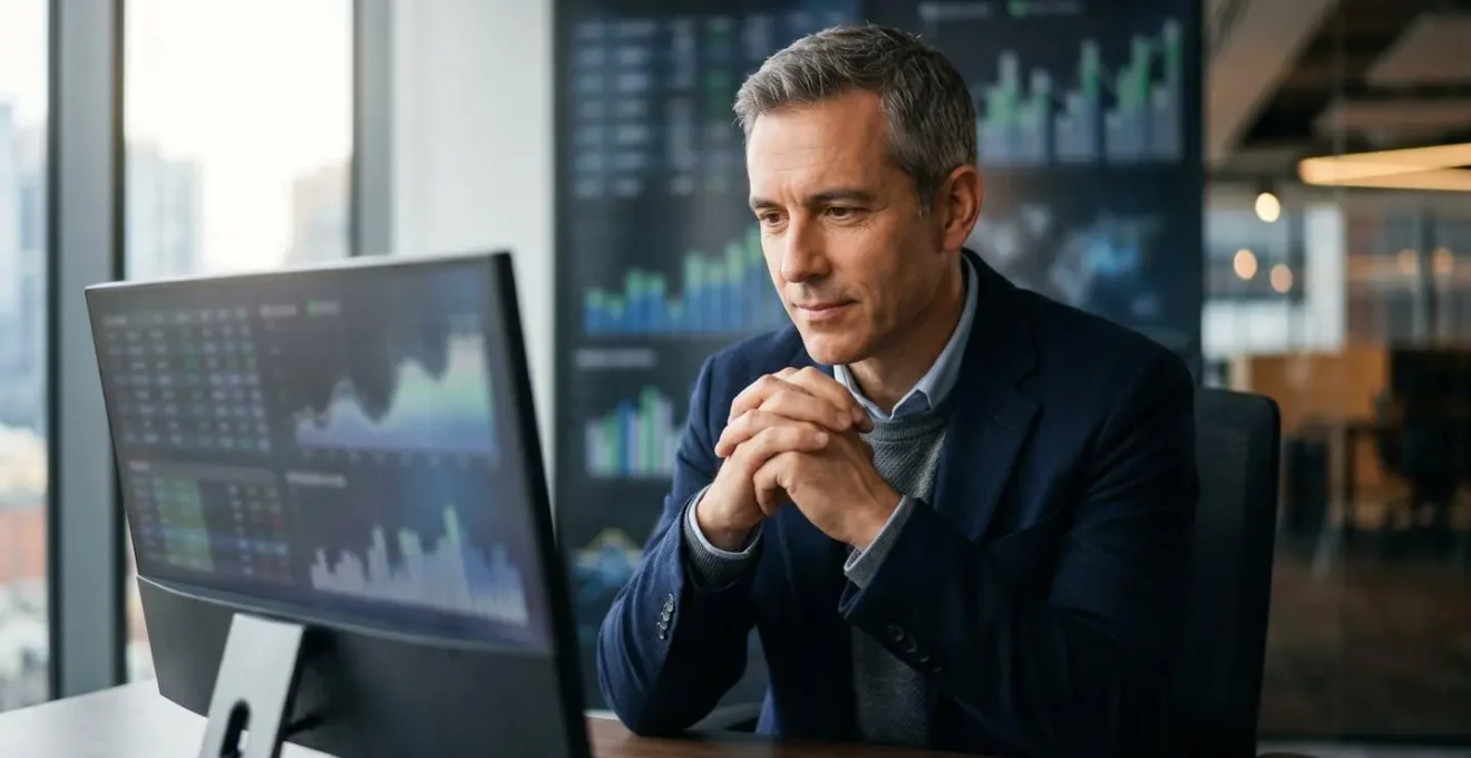 Investisseur analysant calmement des données financières dans un environnement professionnel