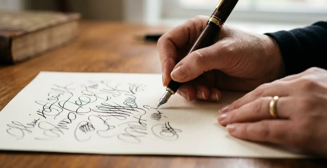 Mains écrivant une lettre formelle avec stylo plume sur bureau en bois