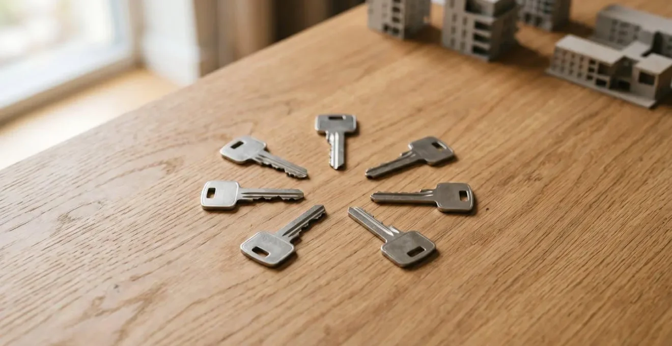 Vue aérienne minimaliste de plusieurs clés d'appartements disposées géométriquement sur une surface en bois
