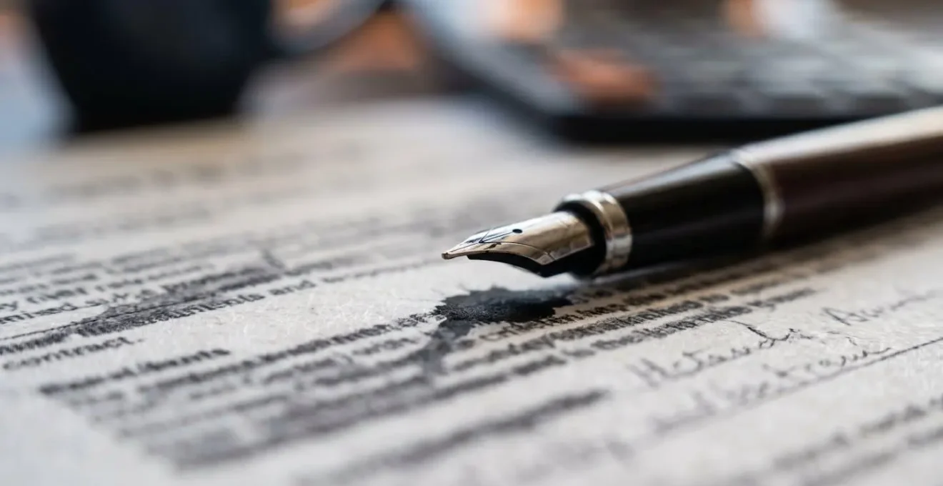 Vue macro de documents contractuels flous avec stylo et calculatrice en arrière-plan