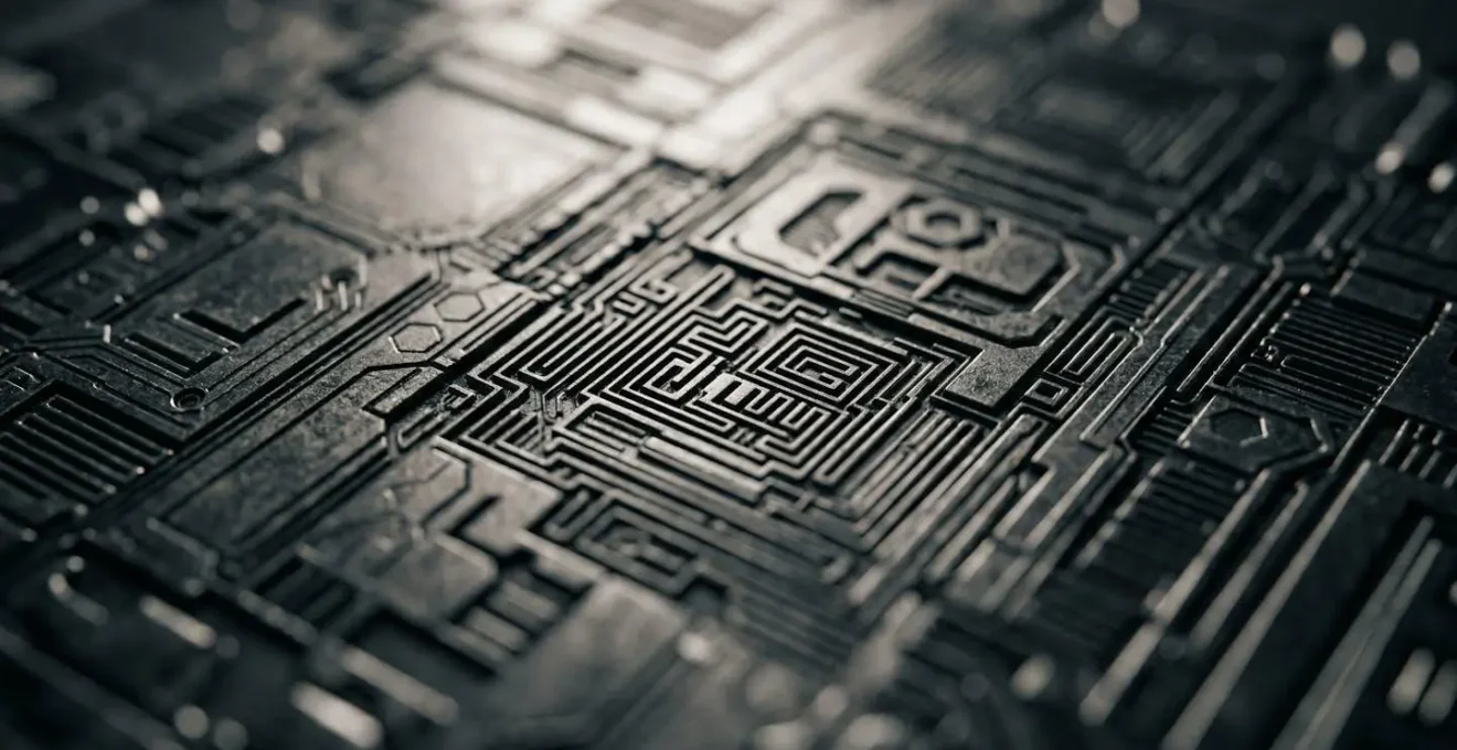 Gros plan macro sur une surface métallique texturée évoquant la sécurité technologique avec des reflets lumineux
