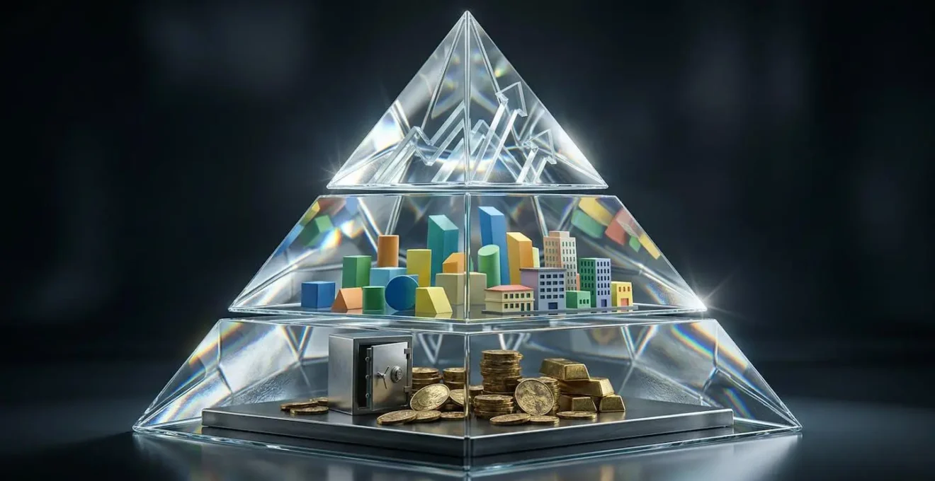 Pyramide tridimensionnelle en verre représentant les niveaux de risque et d'allocation d'actifs selon le profil investisseur
