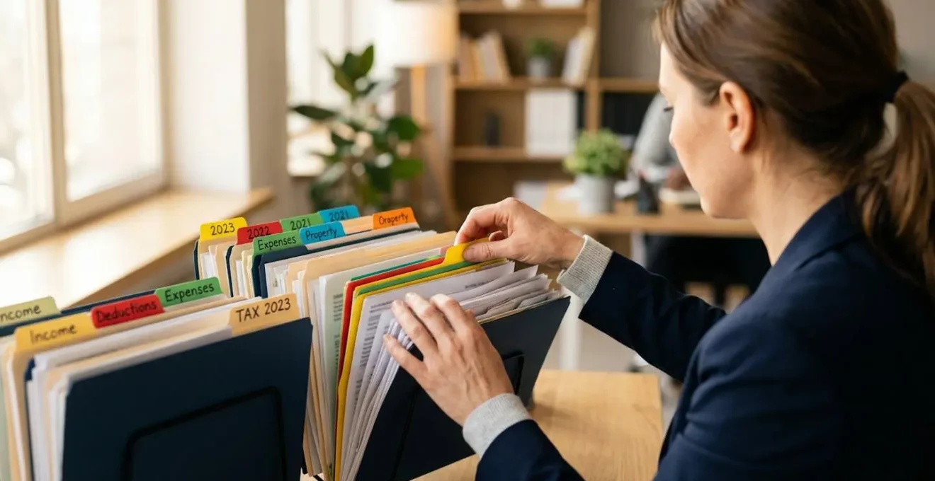 Dossiers fiscaux organisés avec onglets colorés sur un bureau professionnel