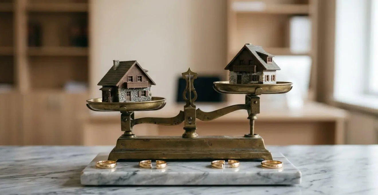 Balance dorée en équilibre avec deux maisons miniatures sur plateaux opposés, symbolisant le partage du patrimoine lors d'un divorce.