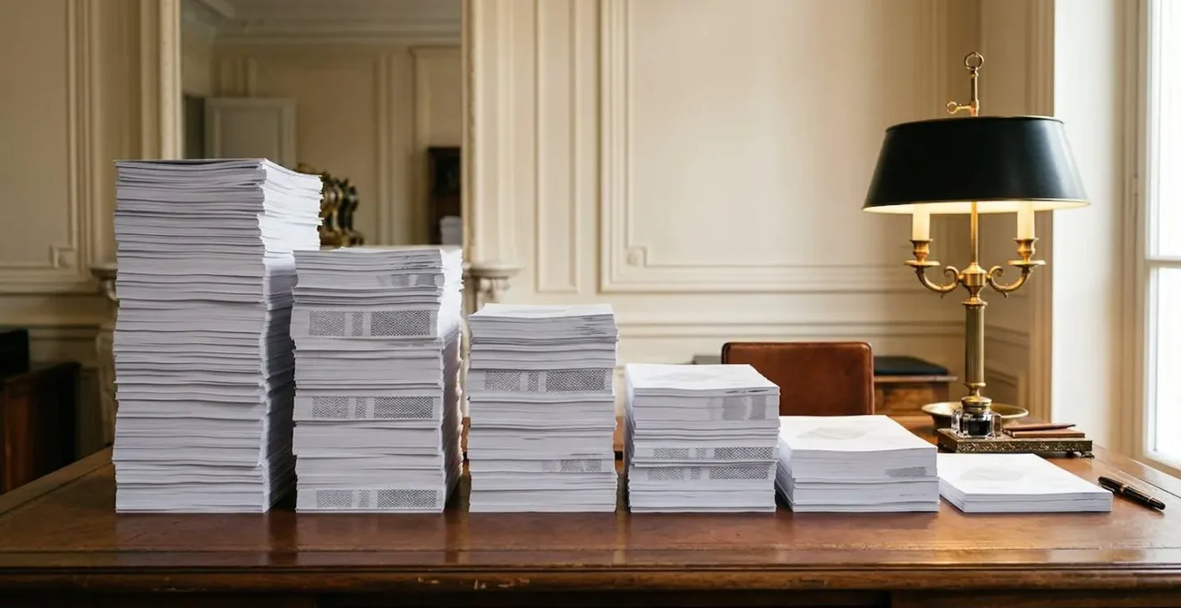 Visualisation métaphorique du fractionnement fiscal avec des piles de documents financiers organisées