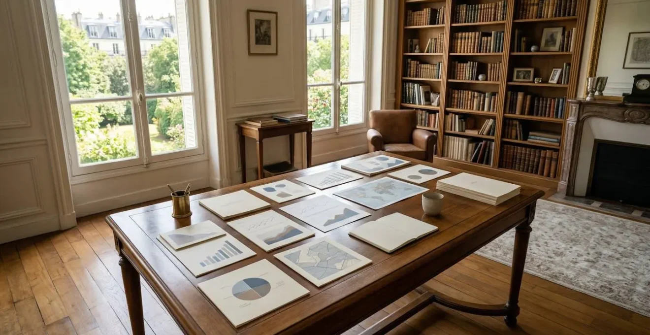 Bureau élégant avec plusieurs documents financiers disposés stratégiquement sur une table en bois