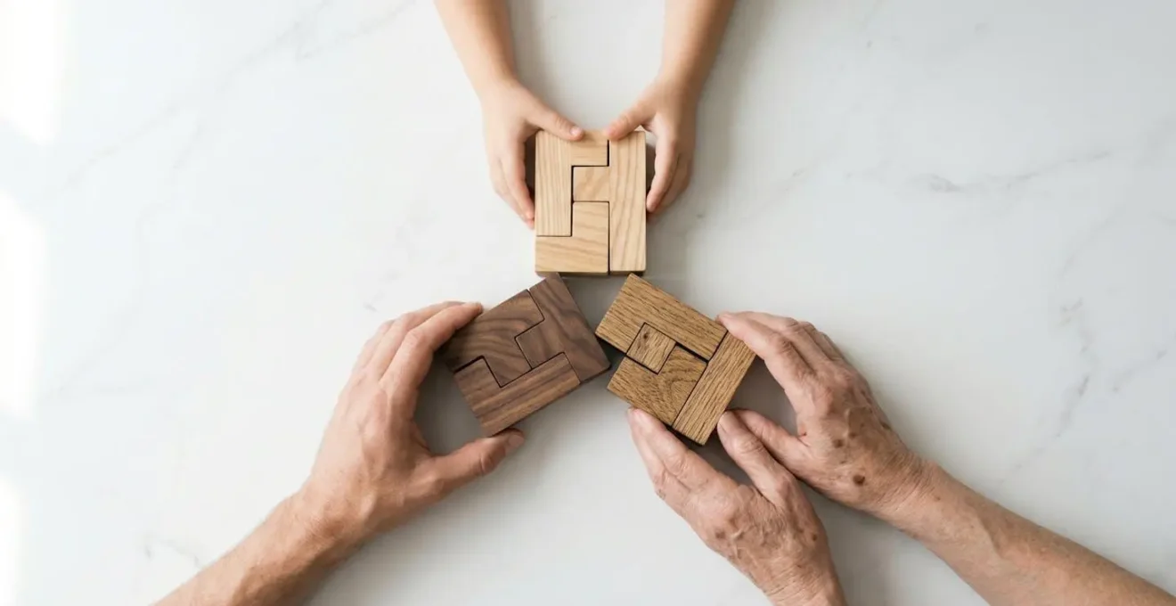 Mains de trois générations transmettant symboliquement un patrimoine