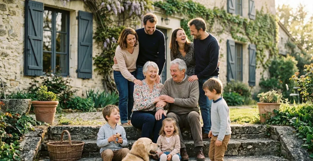 Famille multigénérationnelle devant une propriété française traditionnelle