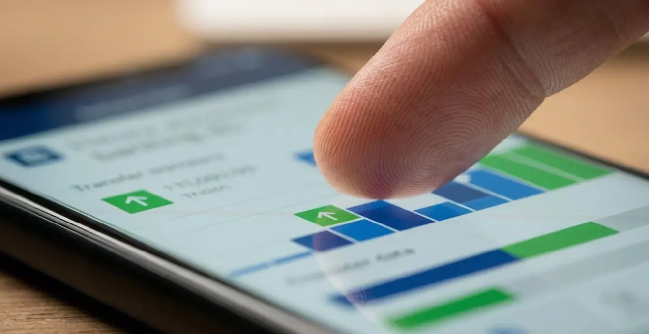 Vue macro d'un smartphone montrant une interface bancaire épurée avec trois virements programmés, détail sur les doigts tapant l'écran
