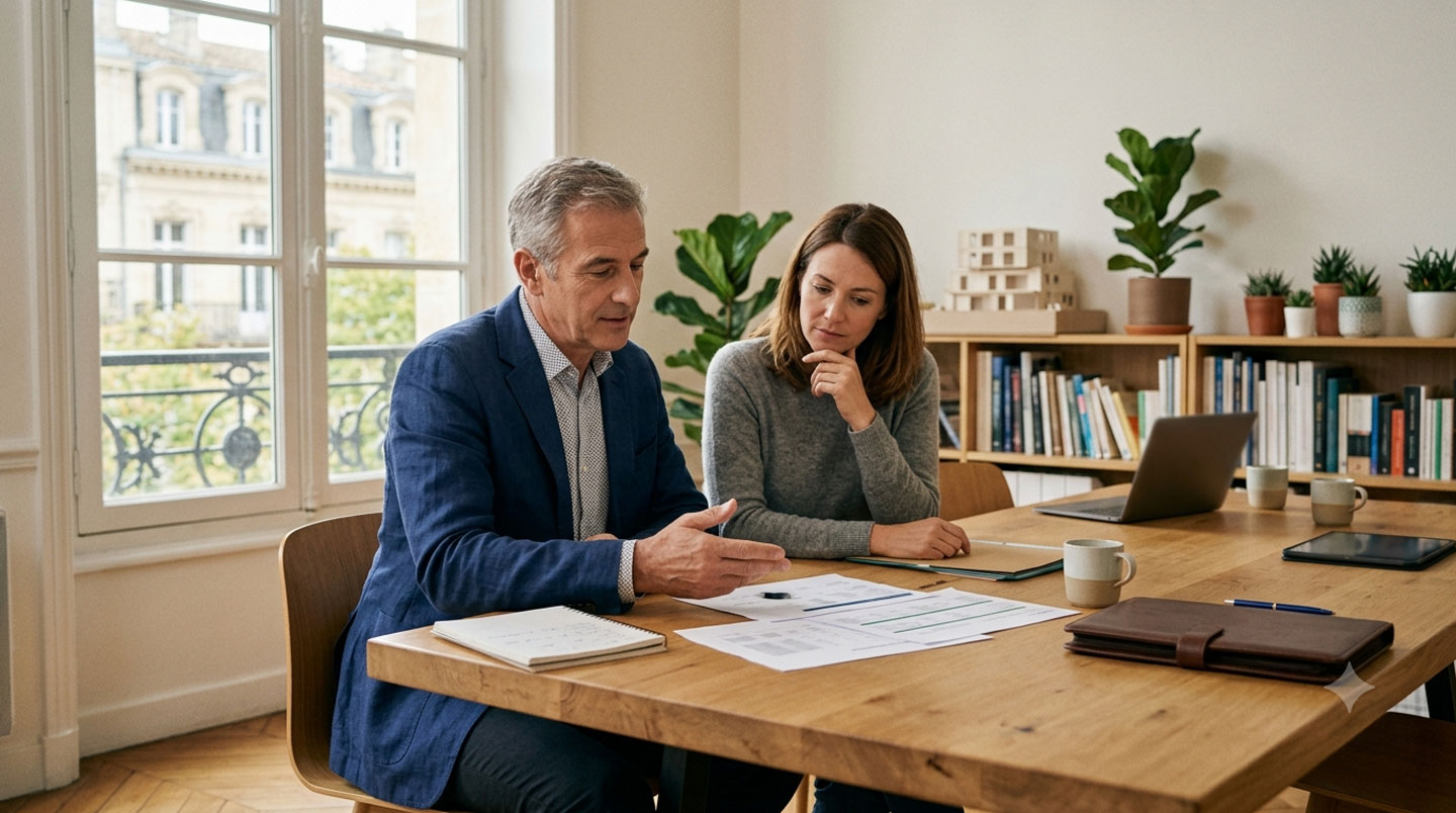 Vue plongeante sur bureau de conseiller financier avec documents organisés Plan Épargne Retraite, Assurance-vie, PEA et SCPI disposés horizontalement avec calculatrice et tablette affichant pyramide de revenus