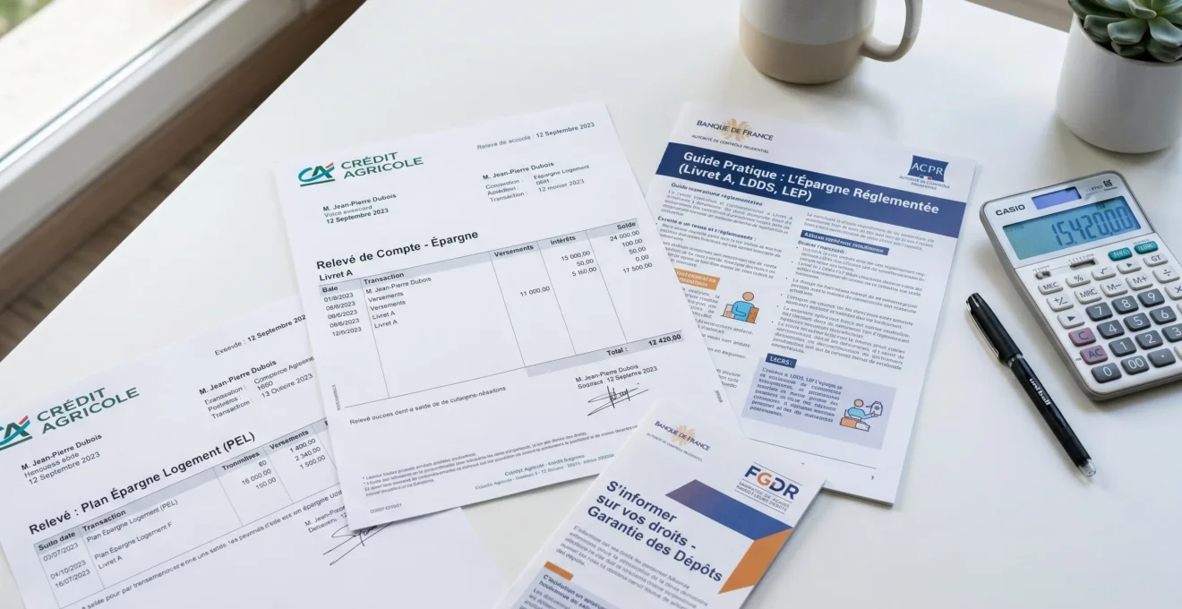 Documents officiels d'épargne français disposés sur bureau moderne avec calculatrice