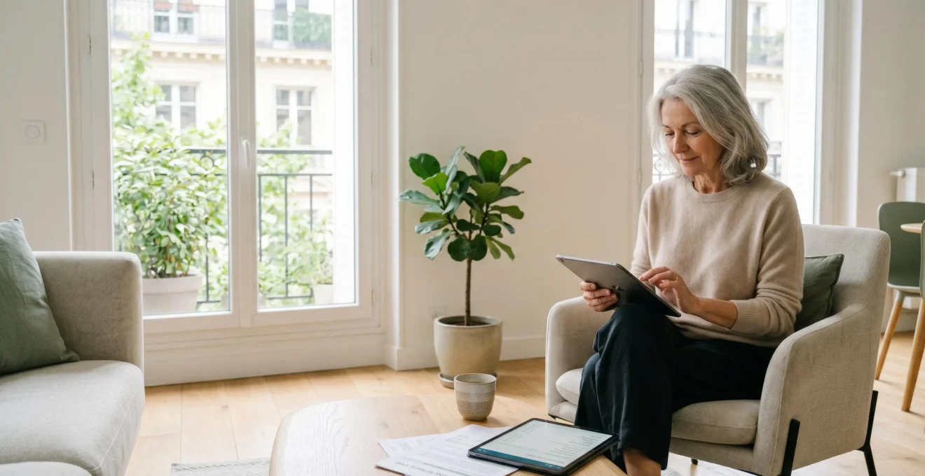 Femme retraitée sereine consultant son relevé de compte PER sur tablette dans un salon contemporain lumineux avec documents de retraite sur la table basse