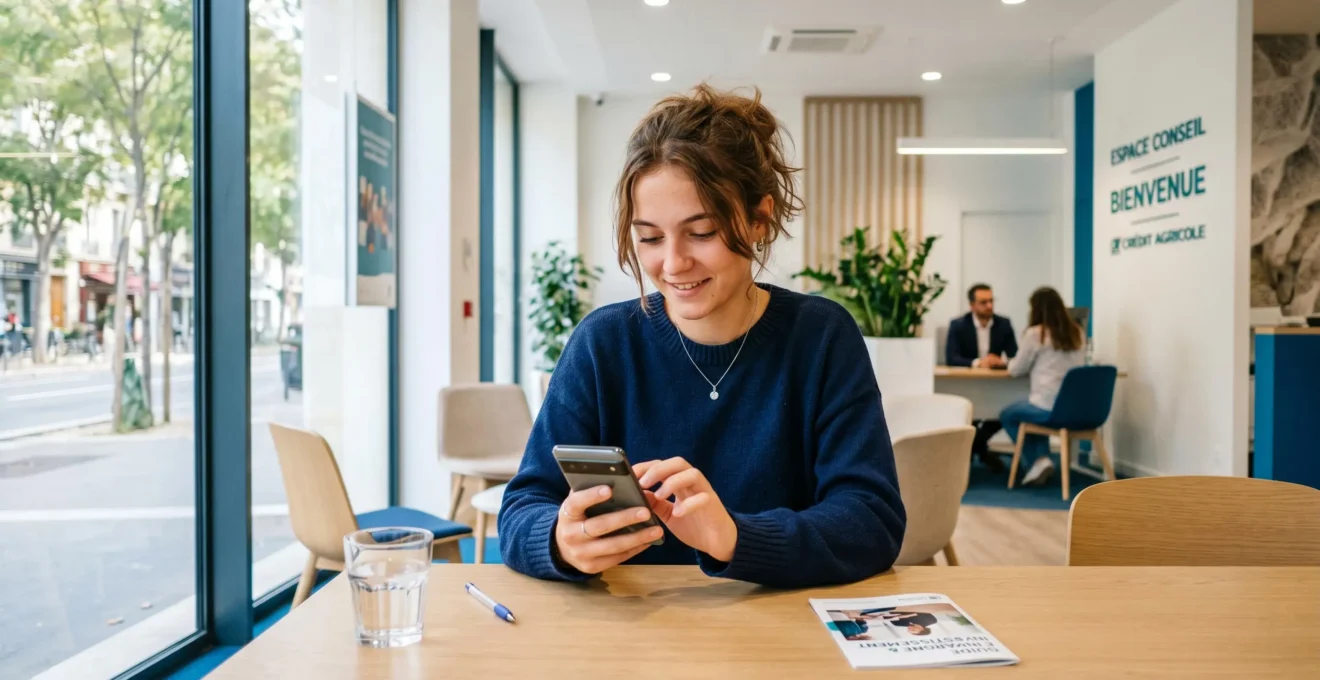 Jeune consultant une application d'épargne bancaire sur smartphone dans une agence moderne aux tons clairs