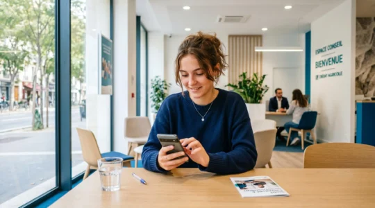 Jeune consultant une application d'épargne bancaire sur smartphone dans une agence moderne aux tons clairs