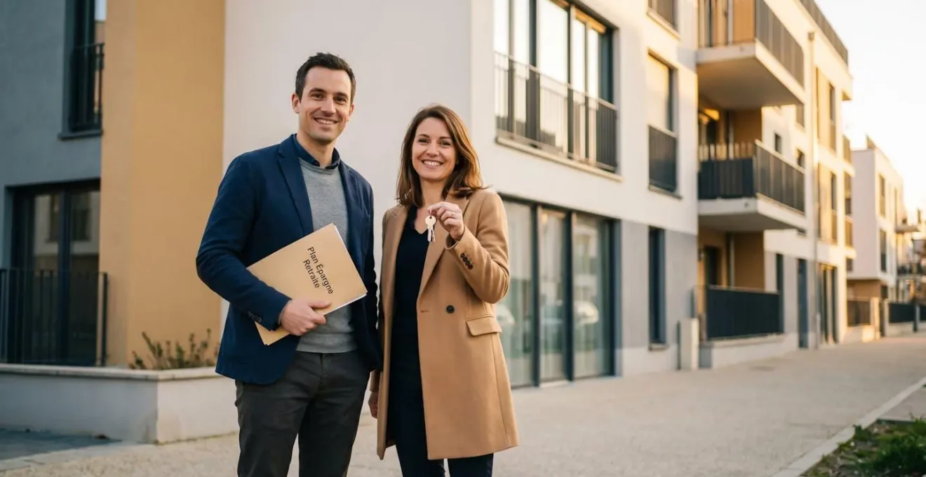Jeune couple professionnel souriant devant immeuble résidentiel moderne tenant un dossier Plan Épargne Retraite et des clés de logement sous lumière dorée de fin de journée