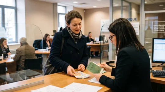 Une cliente remet des billets et son livret d'épargne à un conseiller bancaire au guichet d'une agence bancaire française.